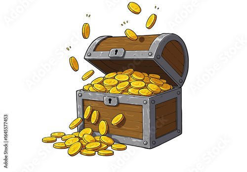 Overflowing Wooden Treasure Chest with Golden Coins
