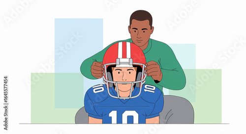 Coach Fitting Helmet on Football Player, Preparation for Game
