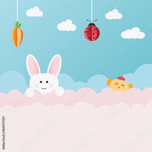 Cute Easter Background with Bunny and Chick – Spring Holiday Vector Illustration, Festive Seasonal Design