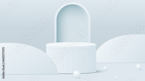 Light blue modern podium display with platforms and balls