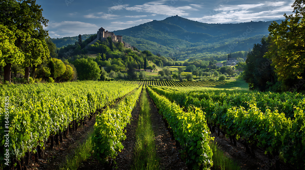 Fototapeta premium Rows of green vines in a vineyard with a distant view of a chateau