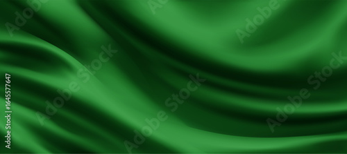 Green wavy fabric vector background. Realistic silk cloth curtain. Emerald satin textile texture