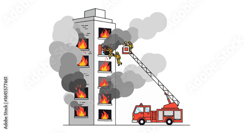 Brave firefighter on an aerial ladder rescuing a civilian from a high-rise building engulfed in flames and smoke.