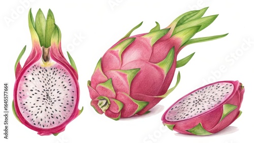 Watercolor Dragon Fruit Trio Botanical Illustration, Pitaya, Exotic Fruit, Pink, Cross-Section Pitaya, Watercolor Painting