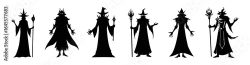 Silhouette figures in dark robes, some holding staffs.