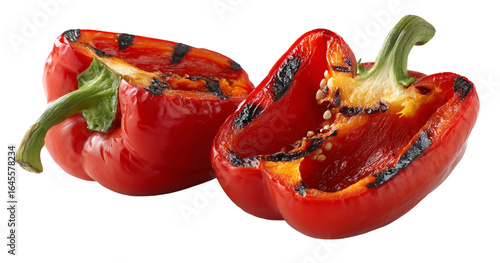 Closeup of halved grilled red bell peppers isolated on transparent background, showcasing their charred marks and vibrant color