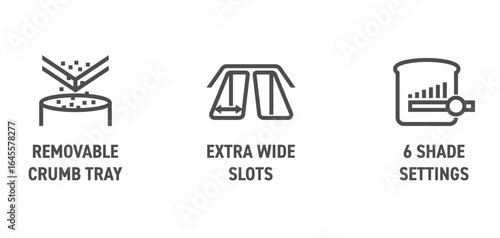 Toaster icons in bold line - Removable crumb, Wide slots, Shade settings.