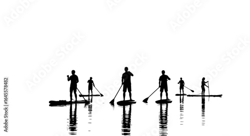 silhouetted sup paddleboarders on calm water teamwork adventure and a serene escape