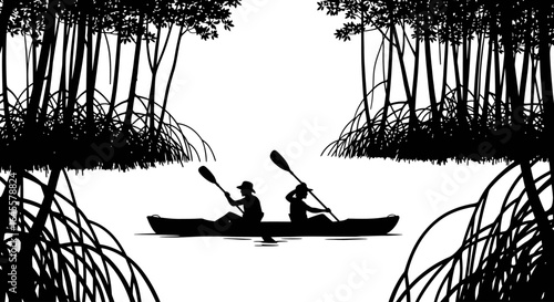 silhouette of two kayakers paddling through mangrove tunnel peaceful escape adventure travel and ecotourism imagery for websites blogs and travel brochures