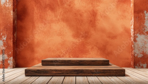 Rustic wooden two-tiered platform against a textured burnt-orange wall, set on light wood flooring within a grungy room