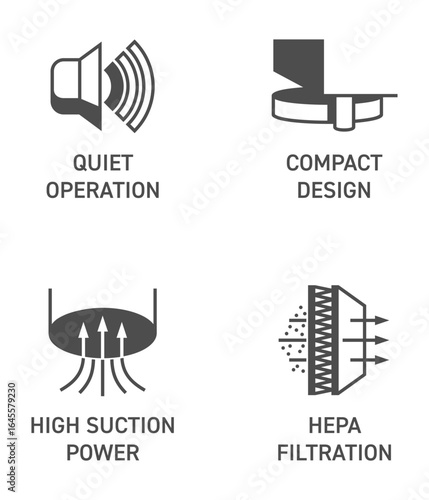 Robot vacuum cleaner flat icons - Quiet, High suction, HEPA , Compact