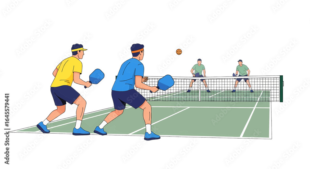 Obraz premium Pickleball Match Illustration Two Teams Competing on a Court with Paddles and Net