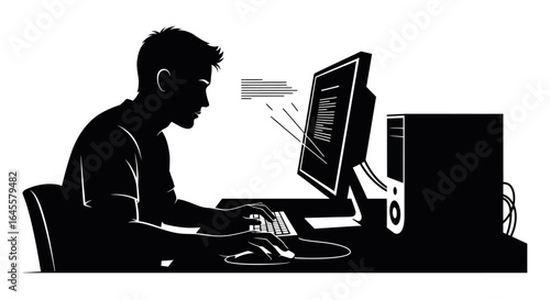 focused programmer silhouette of a concentrated coder working on a desktop computer solving complex software problems and creating innovative solutions