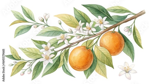 Watercolor Orange Branch Botanical Illustration of Blossoms and Fruit, Floral Painting, Citrus, Orange Tree Orange blossom, watercolor painting