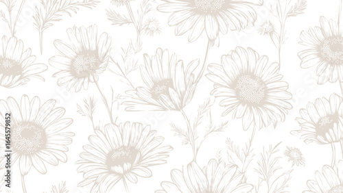 Wallpaper Mural Grey-beige and white seamless patterns background with flowers chamomile.  Botanic tropical wallpaper with daisies flower and leaves.  Torontodigital.ca