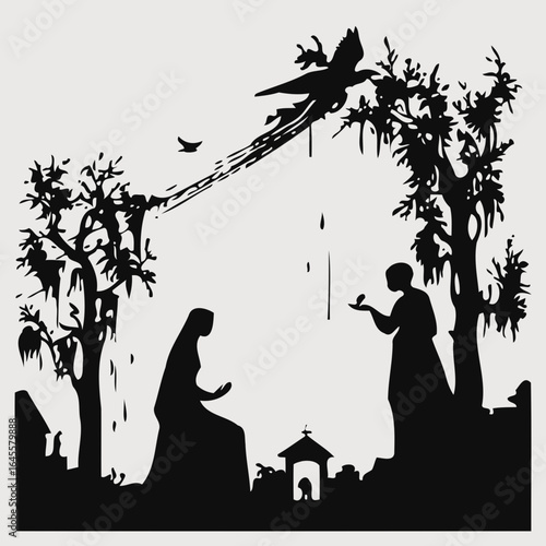 Two figures, silhouetted, in a graveyard scene, a spiritual exchange.

