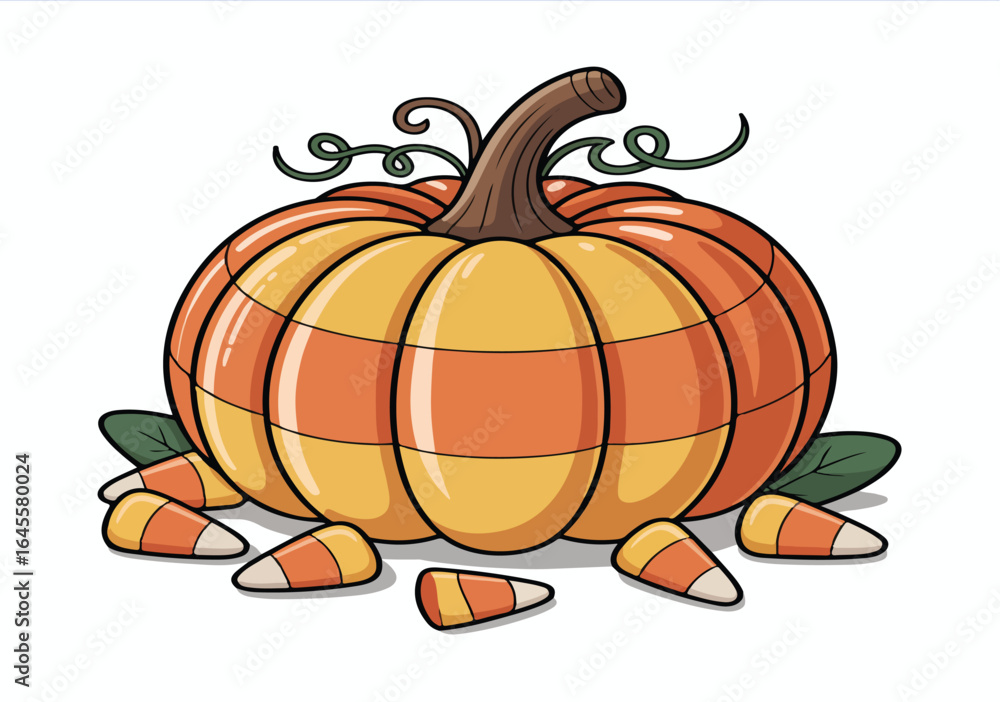 Obraz premium Vector illustration of an orange Halloween pumpkin with fall leaves