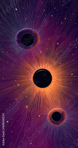 Three dark orbs radiate light, nestled within a cosmic, purple-and-orange nebula, speckled with golden dust