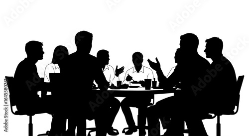 collaborative business team meeting silhouettes of professionals strategizing and brainstorming around a table during a lunch break or informal gathering