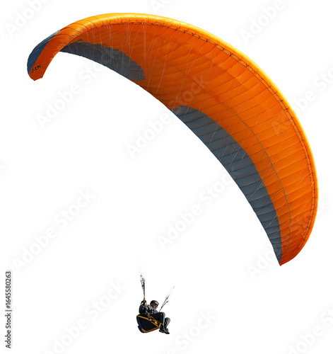 A paraglider soars through the sky with an orange wing, isolated on transparent background, capturing the essence of freedom and adventure