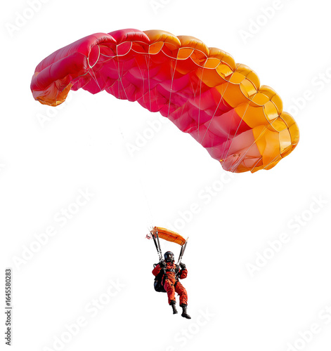 A skydiver in a red and orange parachute is captured midair, isolated on transparent background, showcasing the thrill of extreme sports