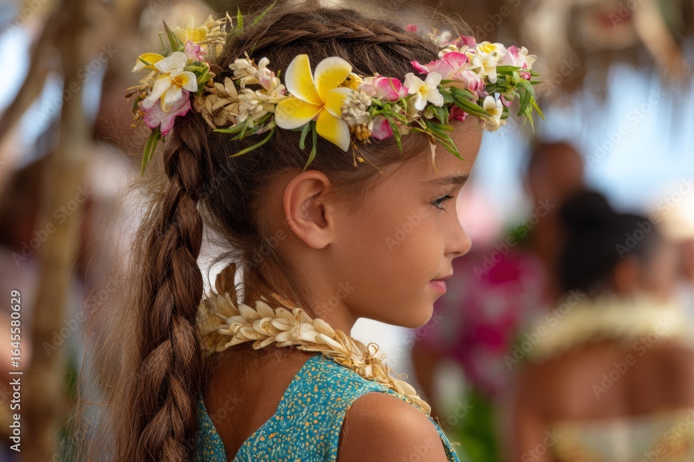 Obraz premium A young girl with braided hair adorned with flowers is seen during a traditional cultural event by the beach