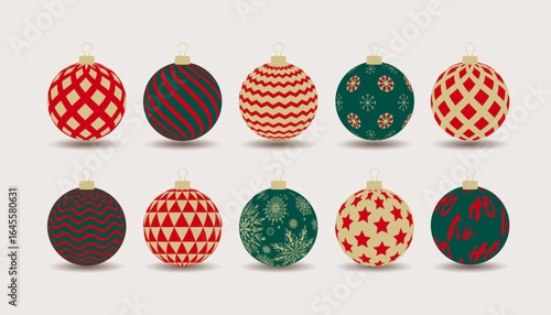 Vector set of balls used to decorate a Christmas tree in winter in December. The ornaments are decorated with various patterns such as stripes, stars and snowflakes