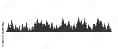 Fir trees silhouette. Coniferous spruce horizontal background pattern, black evergreen woods vector illustration. Beautiful hand drawn panorama of coniferous forest
