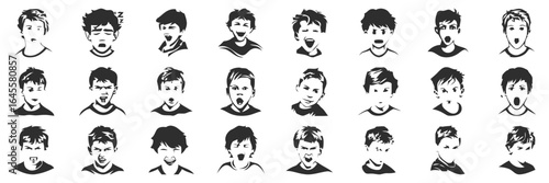 Many surprised faces, various hairstyles.