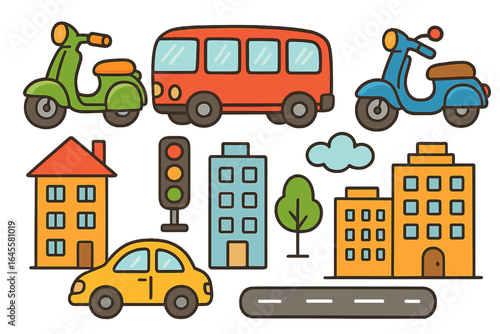 Urban transportation icon set. Vector collection of cute cartoon city elements. Includes car, bus, scooter, buildings, house, road, and traffic light. Flat design style.