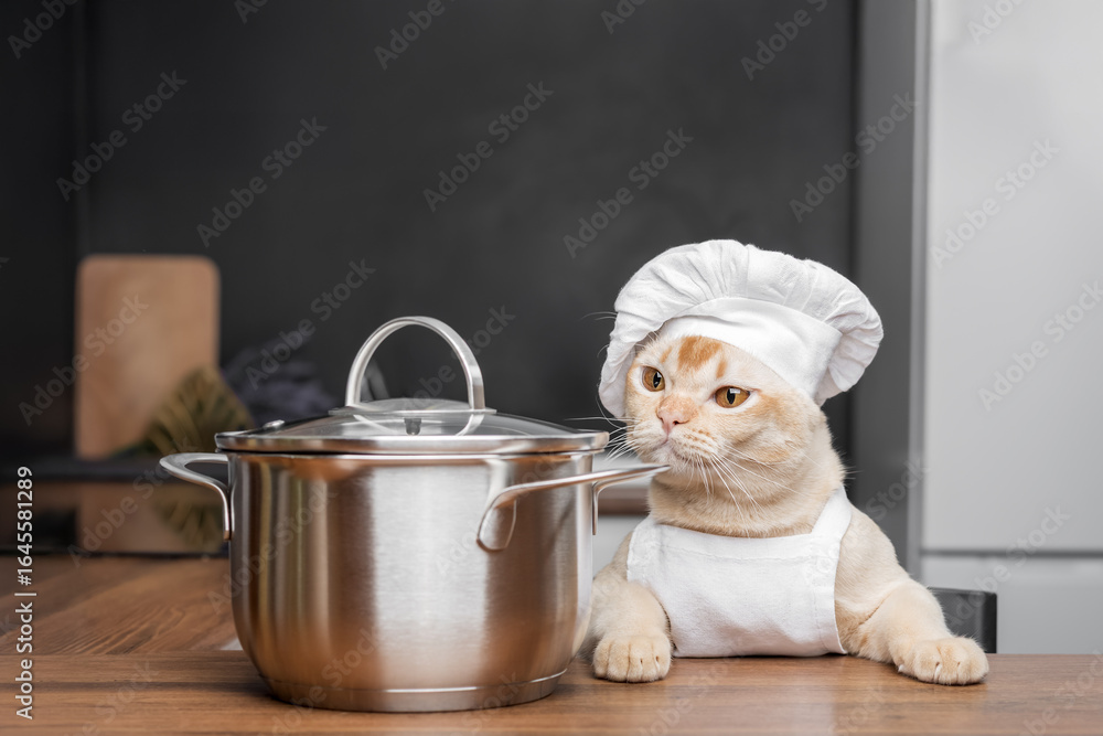 Burmese cat dressed as a chef with a saucepan in the kitchen. Burmese cat dressed as a chef with a saucepan in the kitchen.