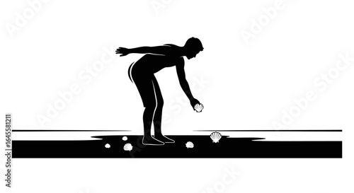silhouette of a man collecting seashells on a beach a simple elegant design for coastal living summer vacation and relaxation themes