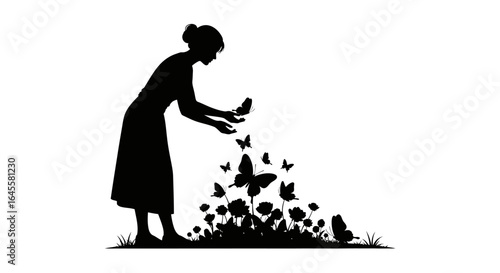 woman gently releases butterflies over vibrant flowers a symbol of hope renewal and the beauty of nature perfect for spring and summer designs