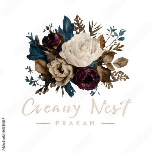 Creamy Nest Prakam logo features elegant white and burgundy flowers with gold and blue leaves, creating luxurious and vintage floral design on transparent background