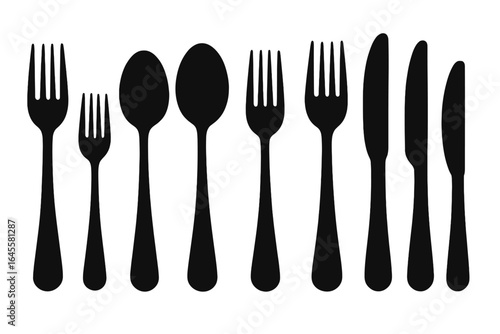 Black cutlery silhouette set. Vector illustration of kitchen utensils. Fork, spoon, knife icons for dining, food, restaurant menu design. Tableware and flatware graphic element.