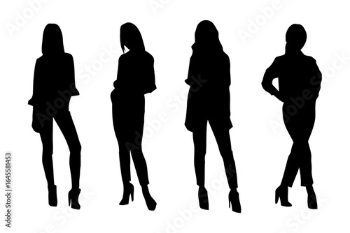 Four women in stylish silhouettes, poised and confident.
