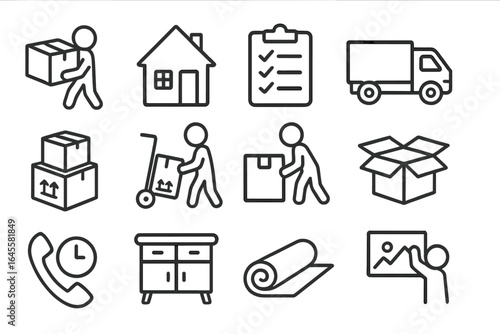 Moving and relocation icon set. Thin line vector symbols for logistics, delivery service, home packing. Includes transport truck, cardboard box, furniture, and checklist icons.