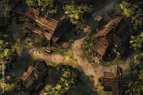 Isometric town river view. Brown roof homes line turquoise river with greenery and rocks, perfect for game settings.