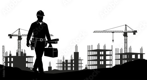construction worker walking towards success silhouette of a confident engineer or foreman at a modern building construction site with cranes