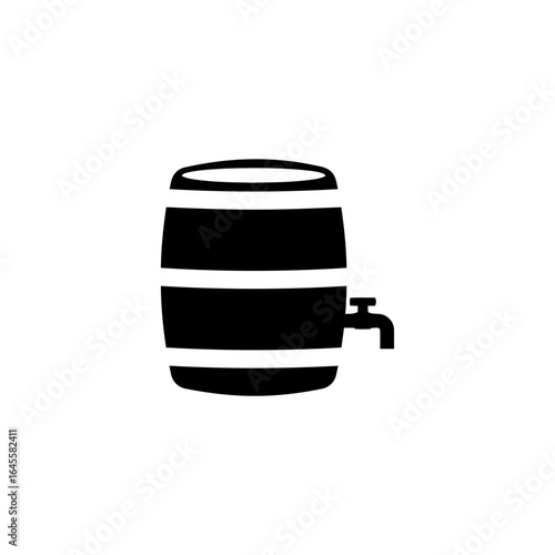 Wooden barrel with tap, holding liquid.
