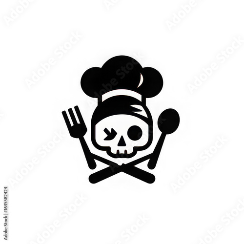 Skull chef hat icon with crossed fork and spoon, black and white, isolated on transparency background, bold graphic style, suitable for restaurant or food logo, playful and edgy