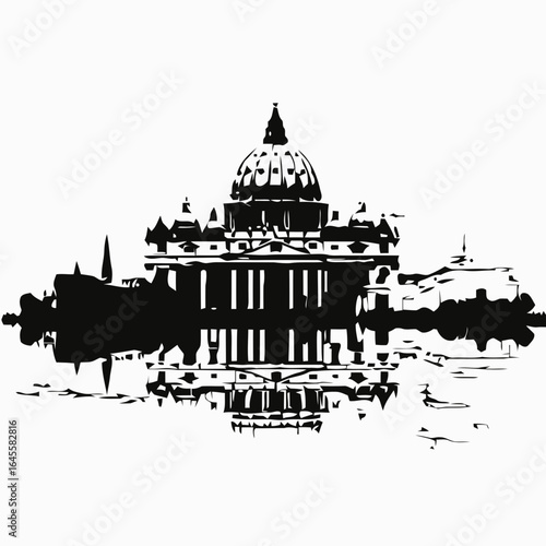 Black and white drawing of a cathedral, reflected in water.
