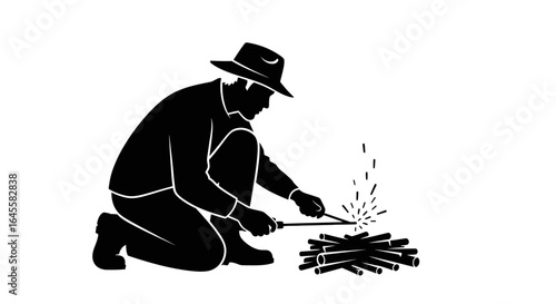 starting a campfire black and white silhouette illustration of a person kindling a fire for outdoor adventure survival or storytelling