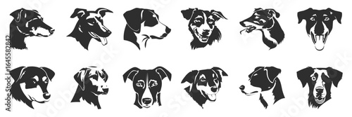 Twelve dog head silhouettes in black and white.
