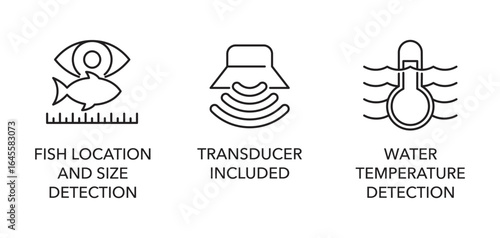 Fishfinder sonar icons set of 3 for labeling in thin line