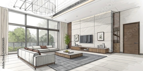 Modern Living Room Sketch High-Ceiling Design, Color Pencil Rendering, Spacious Interior, Large Windows. Interior Design, Home Decor Interior Design, Home Decor