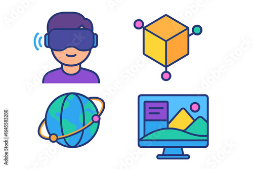 Metaverse icon set. Virtual reality, 3D objects, global connection, digital content. VR headset, blockchain, internet, computer screen. Modern vector cartoon illustration.