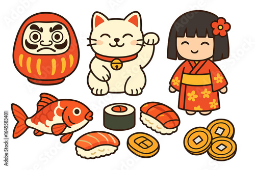 Set of cute kawaii Japanese elements. Cartoon vector collection with traditional Japan symbols. Maneki neko cat, daruma, kokeshi doll, koi fish, sushi, lucky coins.
