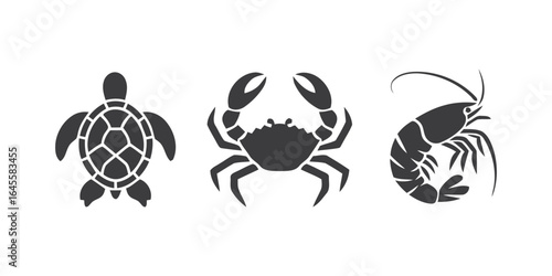 Sea turtle, crab, and shrimp silhouettes.