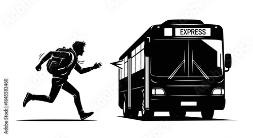 catching the express bus a silhouette illustration of a rushing student perfect for time management punctuality and transportation concepts